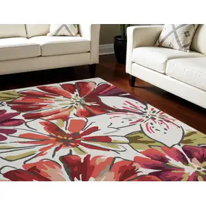 Photo of Ivory Green and Red Floral Hand Carved Handmade Area Rug