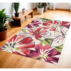 Photo of Ivory Green and Red Floral Hand Carved Handmade Area Rug