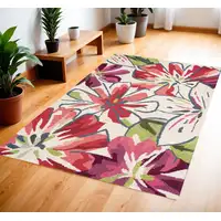 Photo of Ivory Green and Red Floral Hand Carved Handmade Area Rug