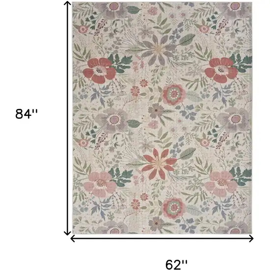 Ivory Green and Red Floral Power Loom Washable Non Skid Area Rug Photo 9