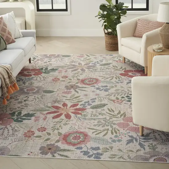 Ivory Green and Red Floral Power Loom Washable Non Skid Area Rug Photo 7