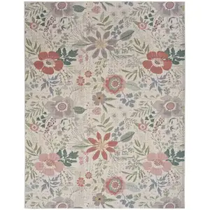 Photo of Ivory Green and Red Floral Power Loom Washable Non Skid Area Rug