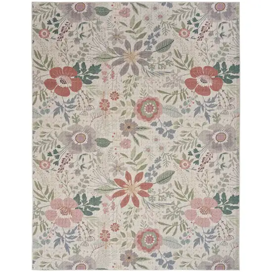 Ivory Green and Red Floral Power Loom Washable Non Skid Area Rug Photo 1