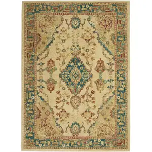 Photo of Ivory Green and Red Oriental Power Loom Area Rug