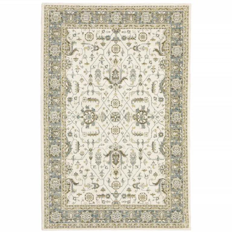 Ivory Grey And Blue Oriental Power Loom Stain Resistant Area Rug Photo 1