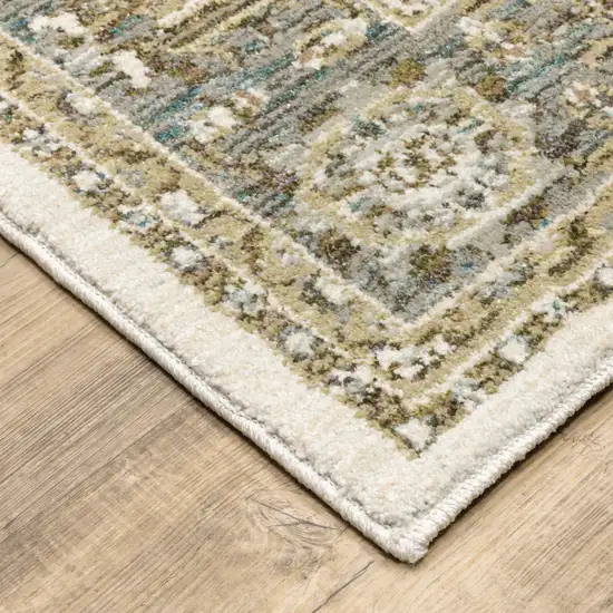 Ivory Grey And Blue Oriental Power Loom Stain Resistant Runner Rug Photo 5