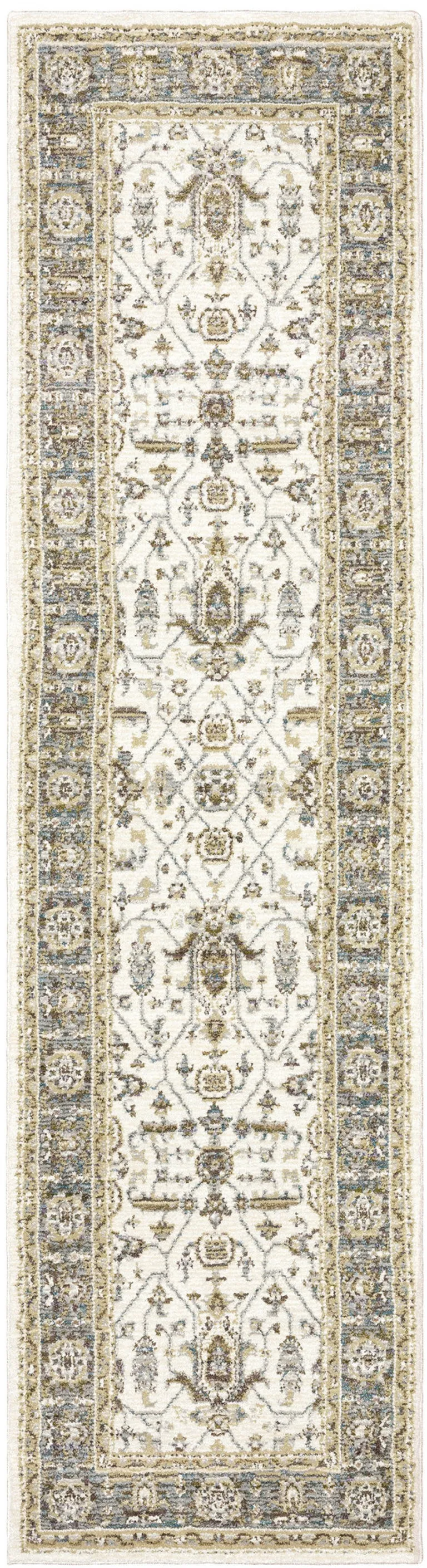 Ivory Grey And Blue Oriental Power Loom Stain Resistant Runner Rug Photo 4