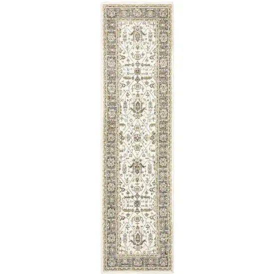 Ivory Grey And Blue Oriental Power Loom Stain Resistant Runner Rug Photo 4