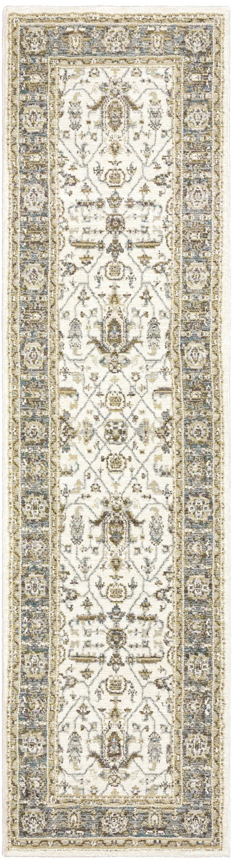 Ivory Grey And Blue Oriental Power Loom Stain Resistant Runner Rug Photo 1