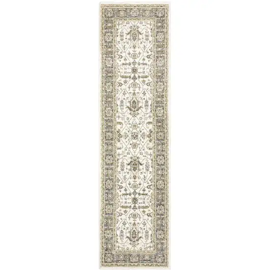 Ivory Grey And Blue Oriental Power Loom Stain Resistant Runner Rug Photo 1