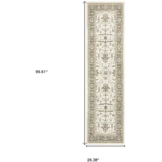 Ivory Grey And Blue Oriental Power Loom Stain Resistant Runner Rug Photo 6