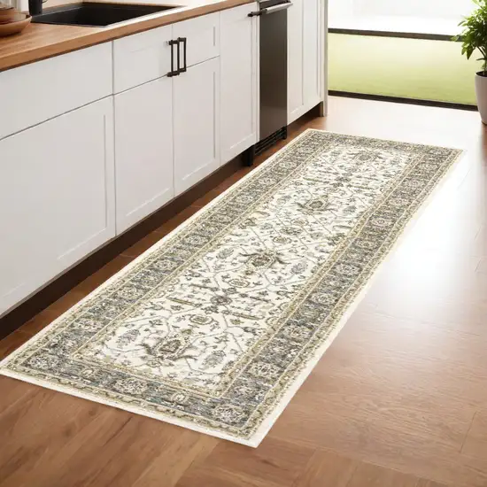 Gray and Ivory Oriental Power Loom Runner Rug Photo 1