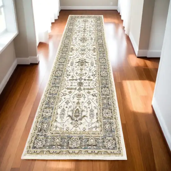 12' Runner Ivory Grey and Blue Oriental Power Loom Runner Rug Photo 1