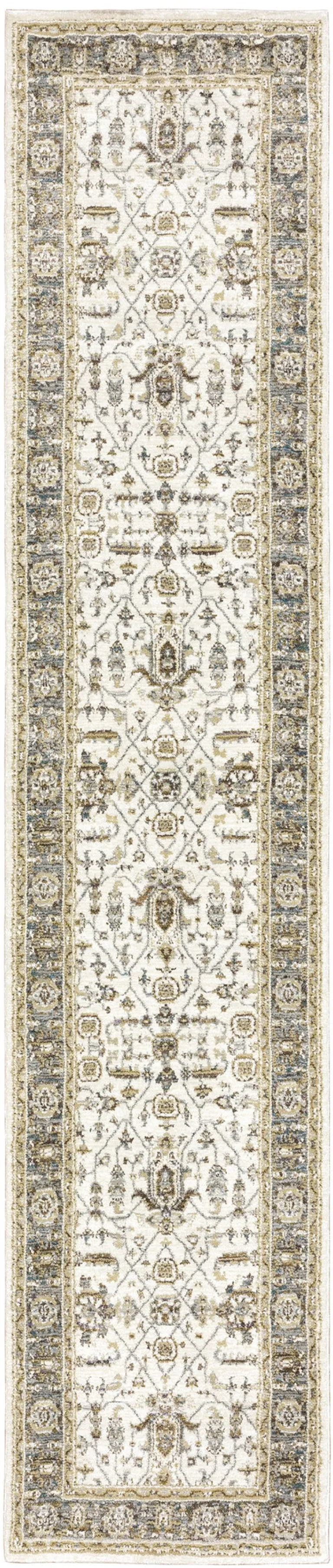 Ivory Grey And Blue Oriental Power Loom Stain Resistant Runner Rug Photo 1