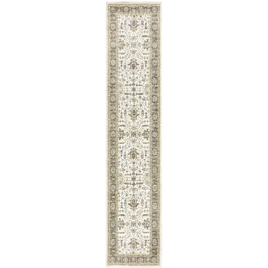 Ivory Grey And Blue Oriental Power Loom Stain Resistant Runner Rug Photo 1