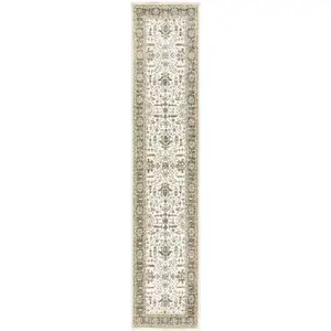 Photo of Ivory Grey And Blue Oriental Power Loom Stain Resistant Runner Rug