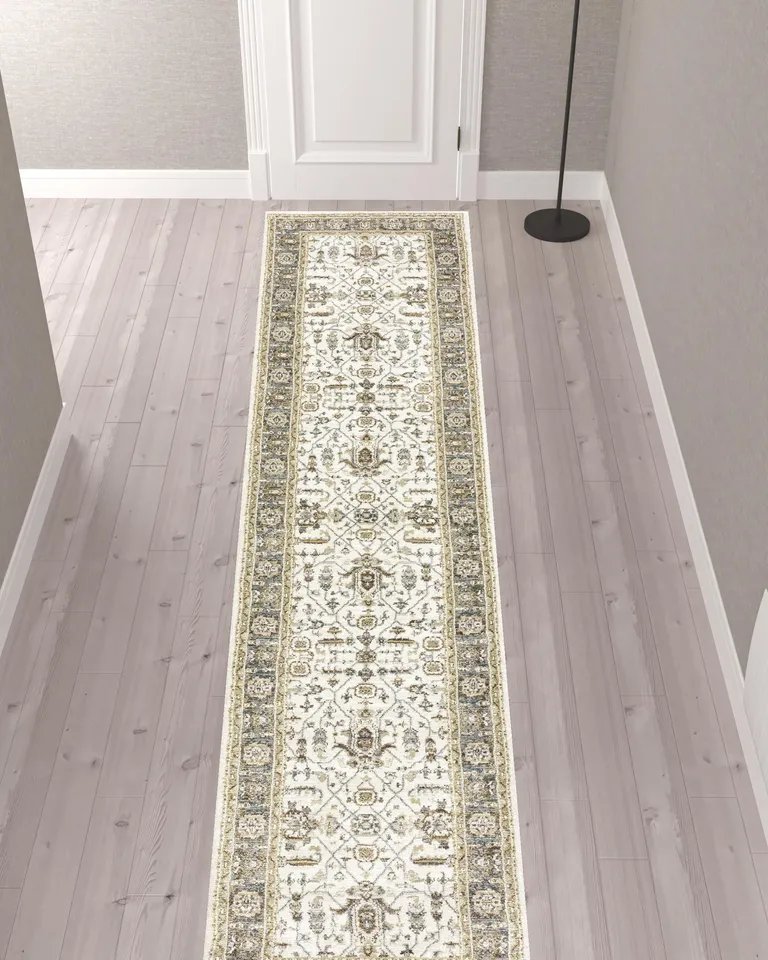 Ivory Grey And Blue Oriental Power Loom Stain Resistant Runner Rug Photo 2