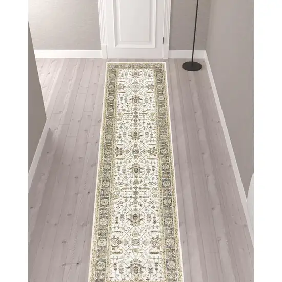 Ivory Grey And Blue Oriental Power Loom Stain Resistant Runner Rug Photo 2