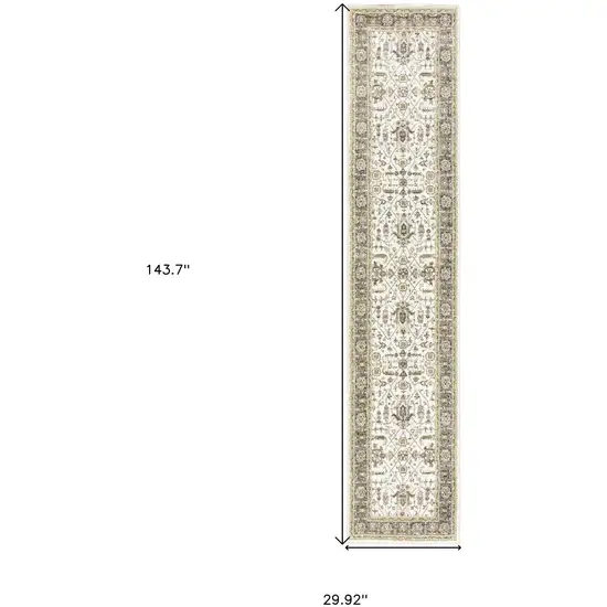 Ivory Grey And Blue Oriental Power Loom Stain Resistant Runner Rug Photo 5