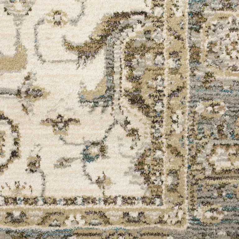 Ivory Grey And Blue Oriental Power Loom Stain Resistant Runner Rug Photo 3