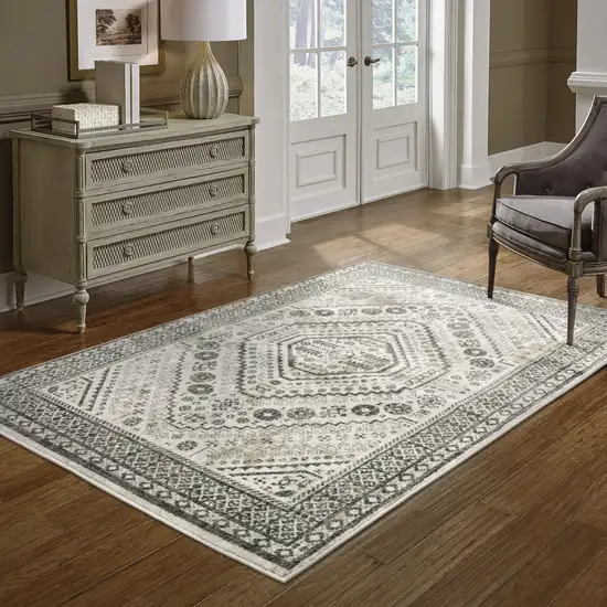 Ivory Grey Black And Ivory Oriental Power Loom Stain Resistant Area Rug Photo 8