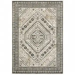 Photo of Ivory Grey Black And Ivory Oriental Power Loom Stain Resistant Area Rug