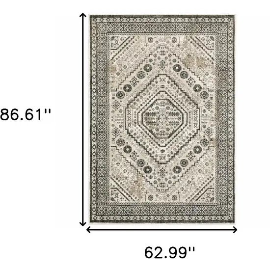 Ivory Grey Black And Ivory Oriental Power Loom Stain Resistant Area Rug Photo 10