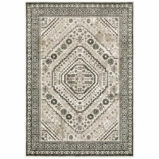 Ivory Grey Black And Ivory Oriental Power Loom Stain Resistant Area Rug Photo 1