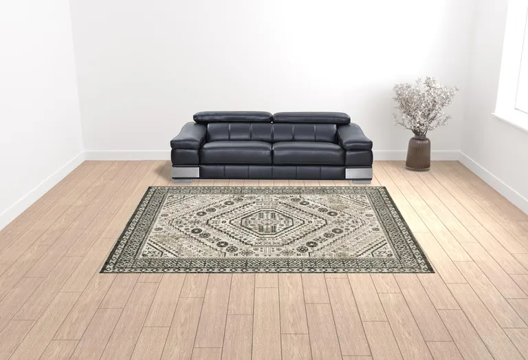 Ivory Grey Black And Ivory Oriental Power Loom Stain Resistant Area Rug Photo 2