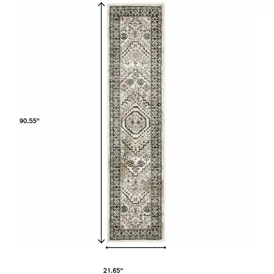 Ivory Grey Black And Ivory Oriental Power Loom Stain Resistant Runner Rug Photo 10