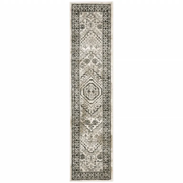 Ivory Grey Black And Ivory Oriental Power Loom Stain Resistant Runner Rug Photo 1