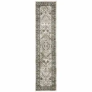 Photo of Ivory Grey Black And Ivory Oriental Power Loom Stain Resistant Runner Rug