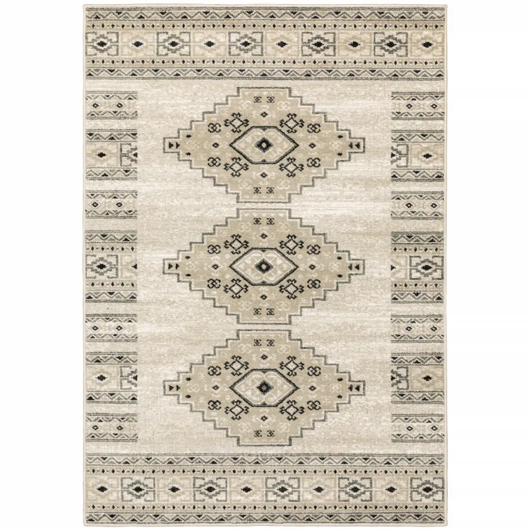 Ivory Grey Black And Ivory Southwestern Power Loom Stain Resistant Area Rug Photo 1