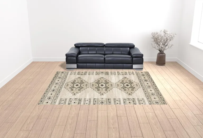 Ivory Grey Black And Ivory Southwestern Power Loom Stain Resistant Area Rug Photo 2