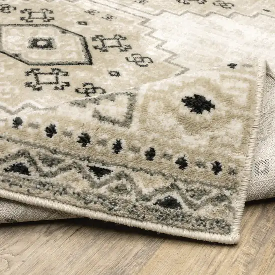 Ivory Grey Black And Ivory Southwestern Power Loom Stain Resistant Runner Rug Photo 6