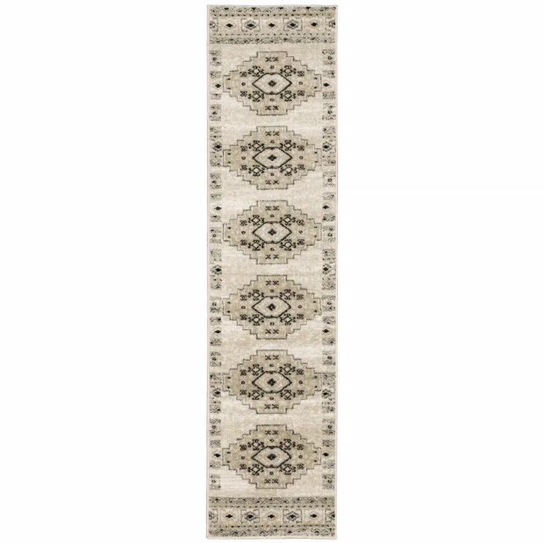 Ivory Grey Black And Ivory Southwestern Power Loom Stain Resistant Runner Rug Photo 1