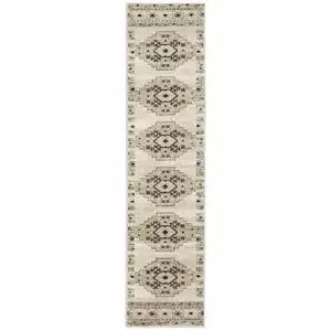 Photo of Ivory Grey Black And Ivory Southwestern Power Loom Stain Resistant Runner Rug