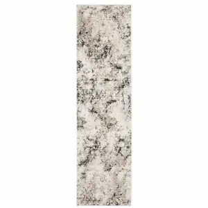 Photo of Ivory Grey Black Beige And Tan Abstract Power Loom Stain Resistant Runner Rug