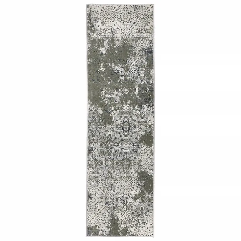 Ivory Grey Blue And Taupe Abstract Power Loom Stain Resistant Runner Rug Photo 1