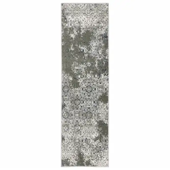 Ivory Grey Blue And Taupe Abstract Power Loom Stain Resistant Runner Rug Photo 1