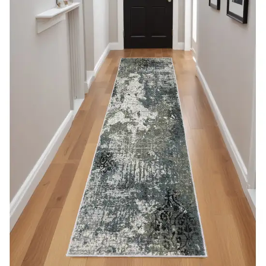 2' X 8' Ivory Grey Charcoal Blue And Navy Abstract Power Loom Stain Resistant Runner Rug Photo 1