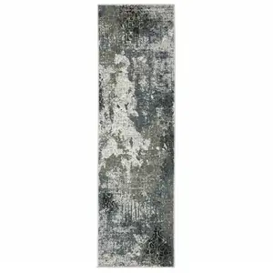 Photo of Ivory Grey Charcoal Blue And Navy Abstract Power Loom Stain Resistant Runner Rug