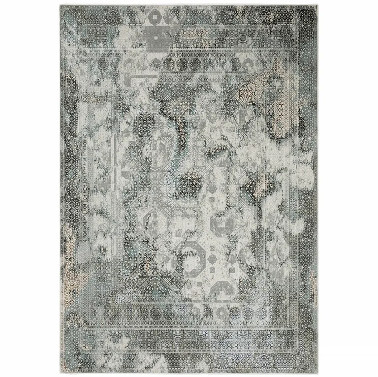 Ivory Grey Charcoal Blue And Rust Oriental Power Loom Stain Resistant Area Rug Photo 1