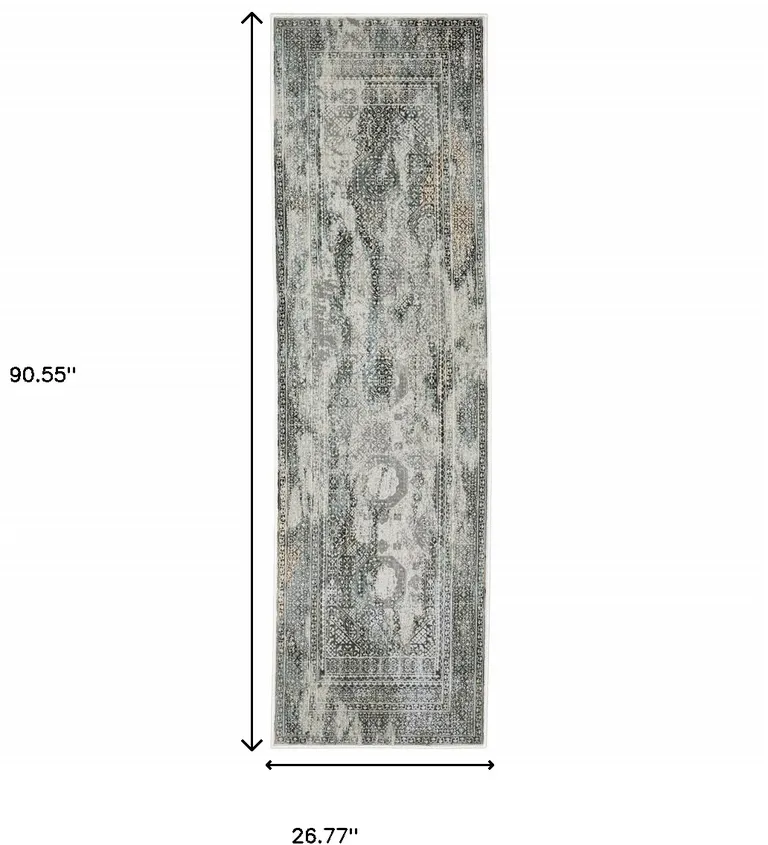 Ivory Grey Charcoal Blue And Rust Oriental Power Loom Stain Resistant Runner Rug Photo 4