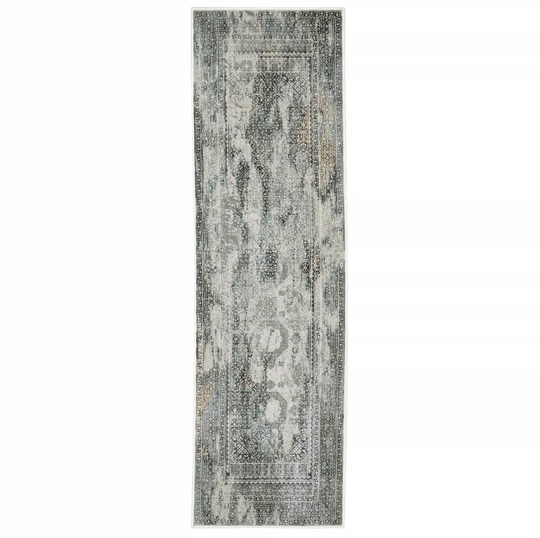 Ivory Grey Charcoal Blue And Rust Oriental Power Loom Stain Resistant Runner Rug Photo 1