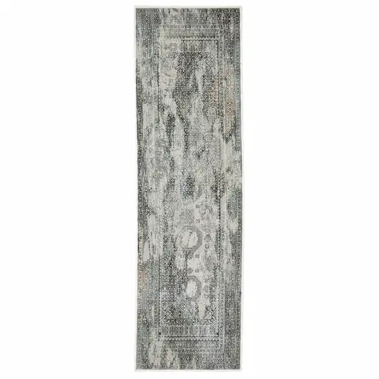 Ivory Grey Charcoal Blue And Rust Oriental Power Loom Stain Resistant Runner Rug Photo 1