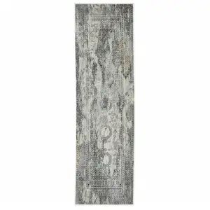 Photo of Ivory Grey Charcoal Blue And Rust Oriental Power Loom Stain Resistant Runner Rug