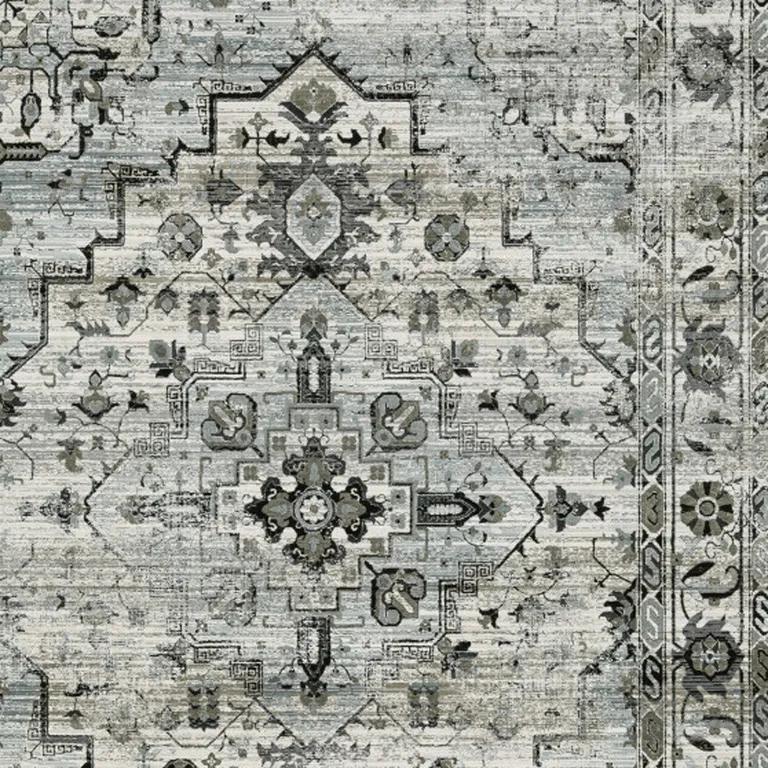 Ivory Grey Charcoal Blue And Taupe Oriental Power Loom Stain Resistant Area Rug Photo 4