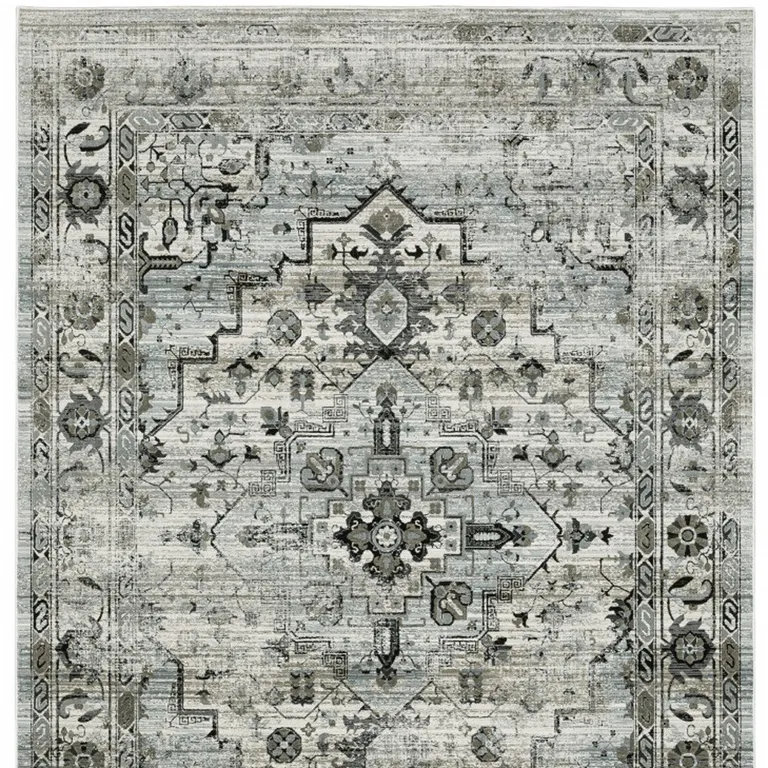 Ivory Grey Charcoal Blue And Taupe Oriental Power Loom Stain Resistant Area Rug Photo 5