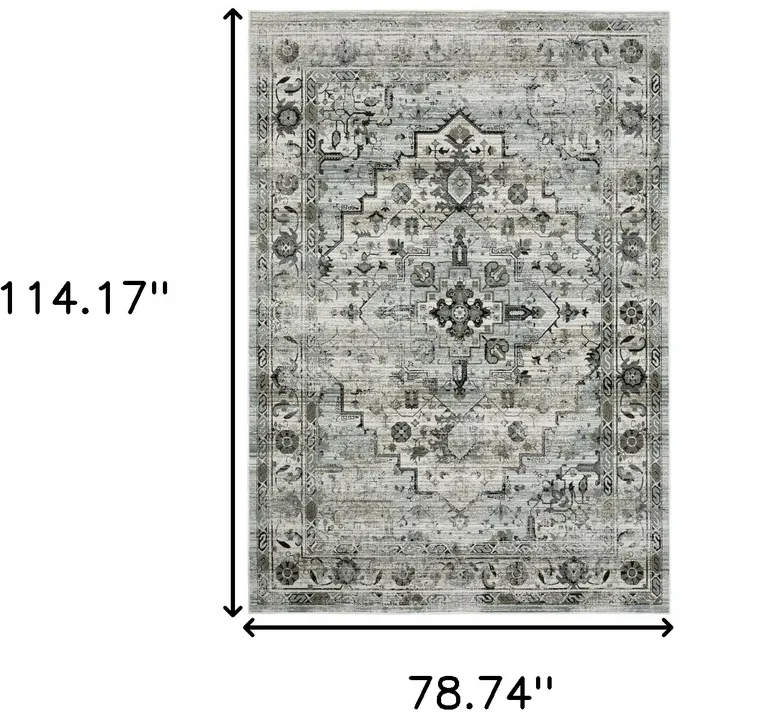 Ivory Grey Charcoal Blue And Taupe Oriental Power Loom Stain Resistant Area Rug Photo 4